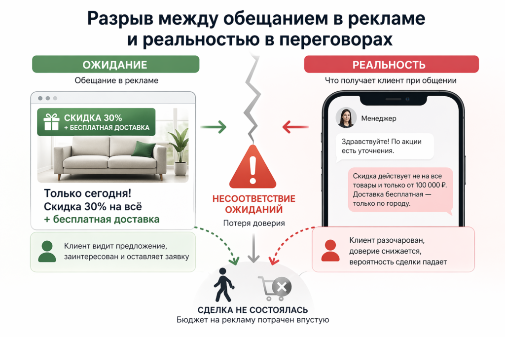 Несоответствие обещания в рекламе с реальностью в переговорах
