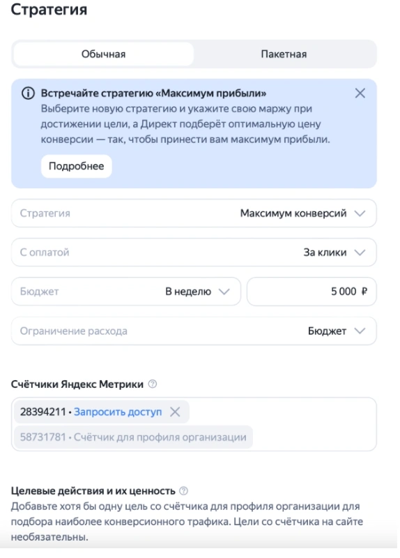 Настройка стратегии и бюджета через Яндекс Директ