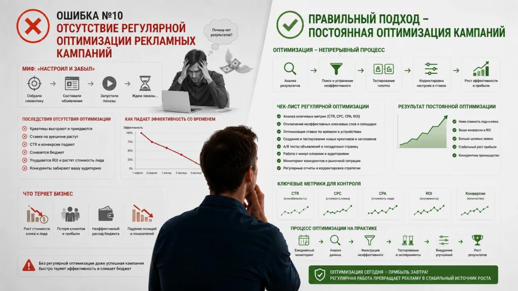 отсутствие регулярной оптимизации рекламных кампаний