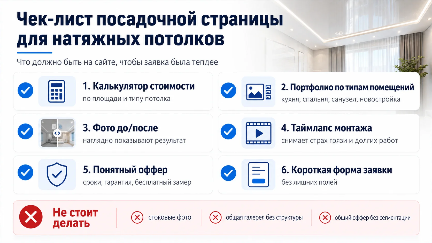 Чек-лист посадочной страницы для натяжных потолков