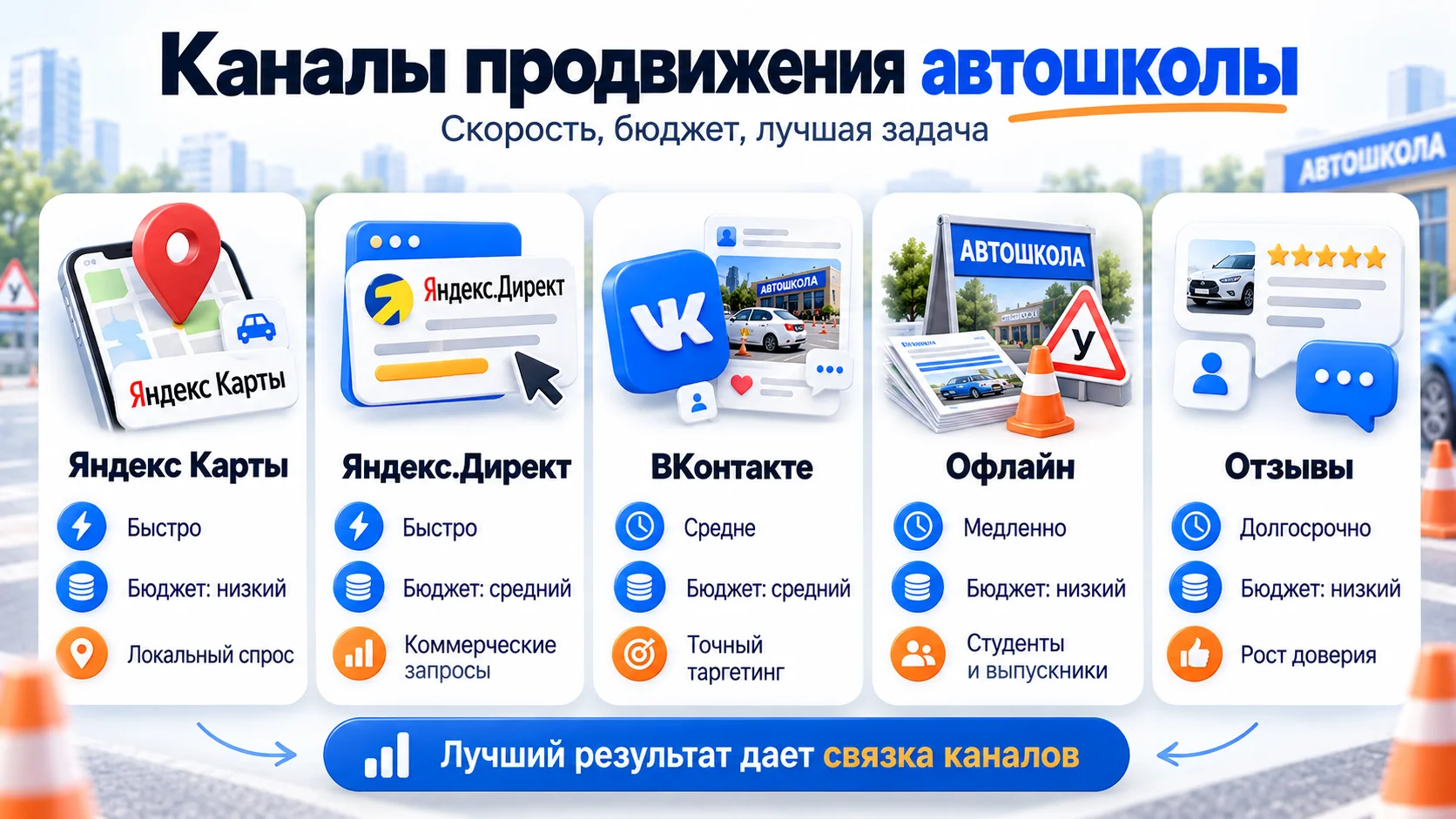Сравнение каналов продвижения автошколы