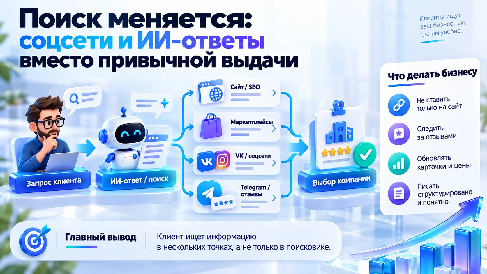 Как меняется поиск: клиент выбирает компанию через ИИ-ответы, маркетплейсы, соцсети и Telegram